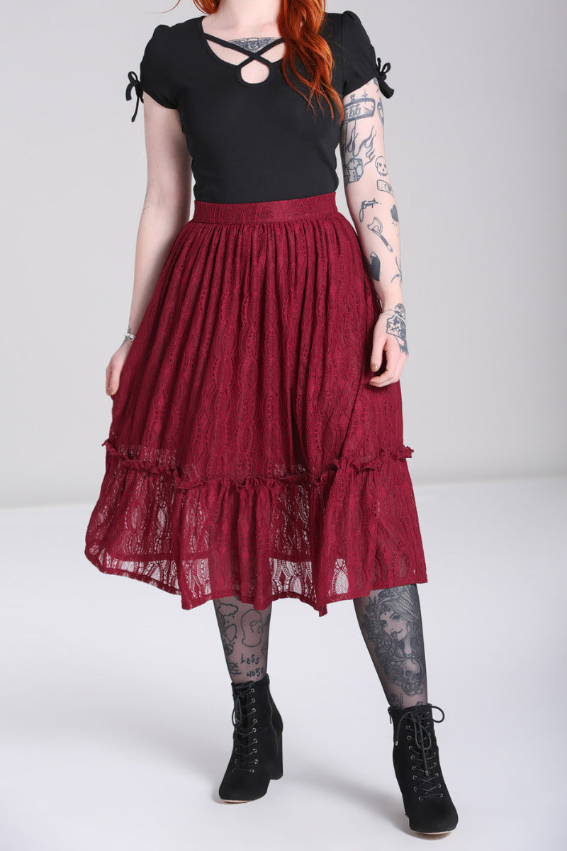 Burgundy Lace Rhea Skirt by Hell Bunny