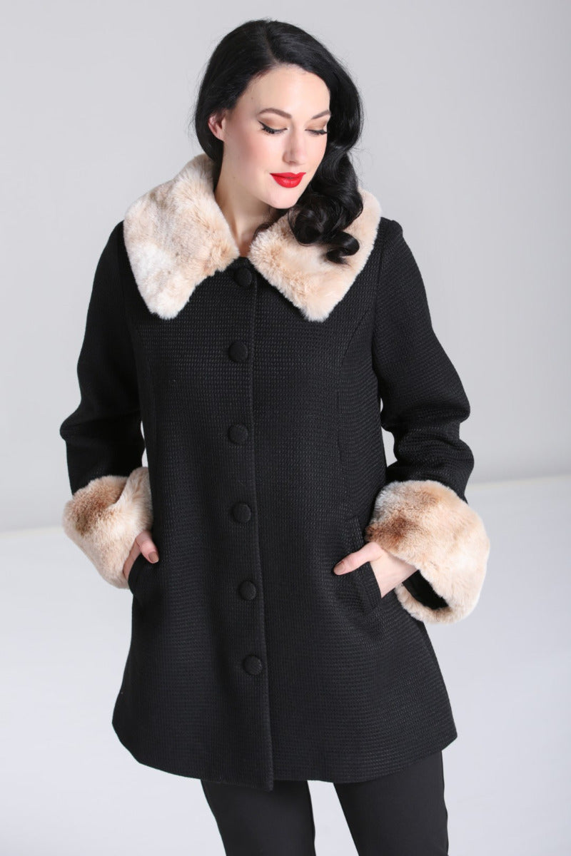 Faustine Black Coat with Faux Fur Trim by Hell Bunny