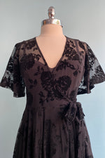 Lydia Wrap Dress in Black Flocked Rose Mesh by Wax Poetic