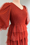 Copper Polka-Dot Mesh Tiered Dress