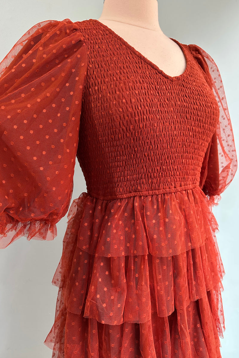 Copper Polka-Dot Mesh Tiered Dress