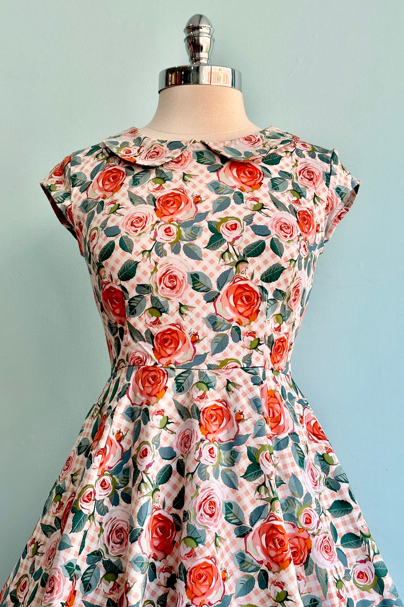 Coral Floral Gingham Dress by Orchid Bloom