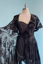 Lydia Wrap Dress in Black Flocked Rose Mesh by Wax Poetic