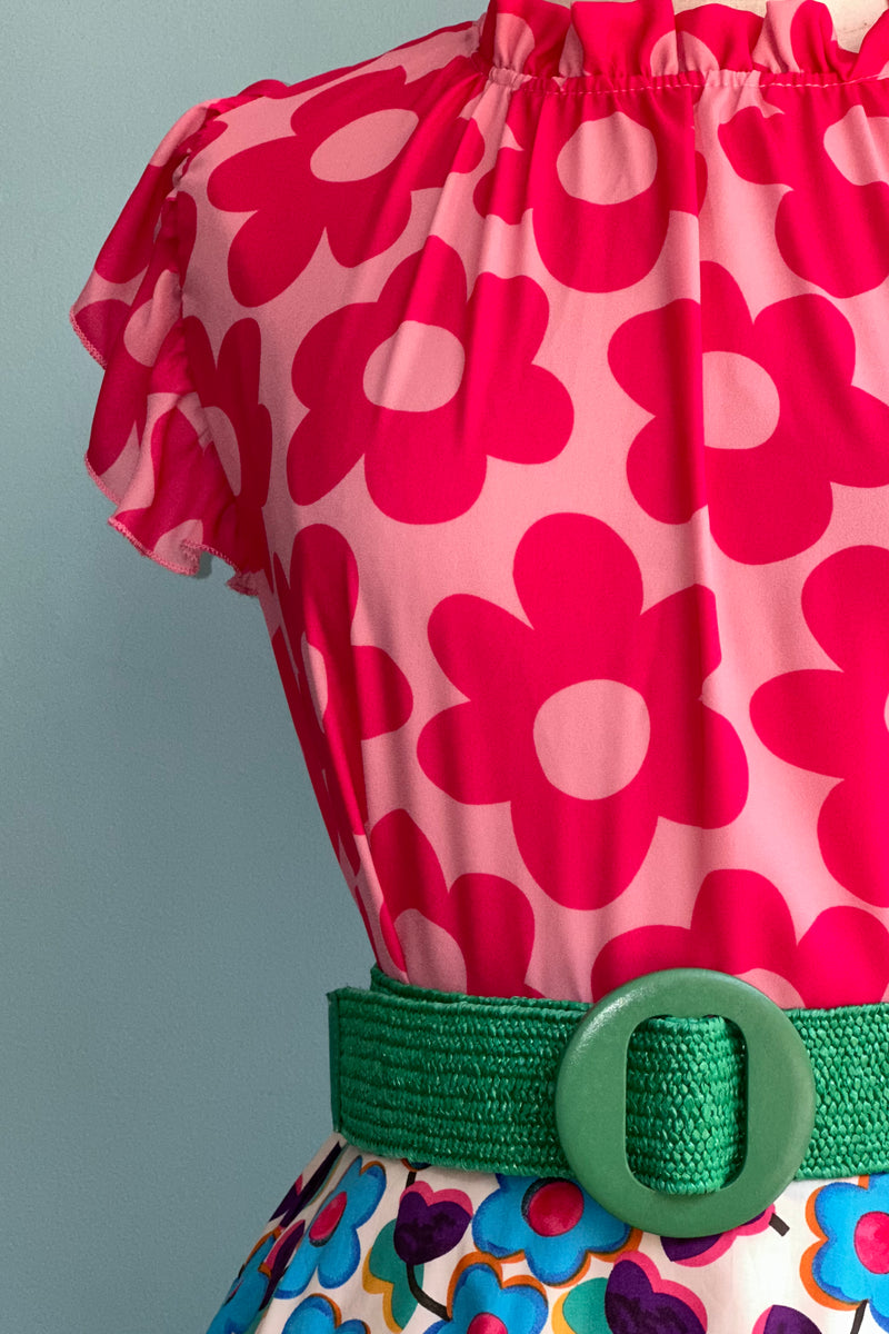 Pink Mod Floral Ruffle Sleeve Top