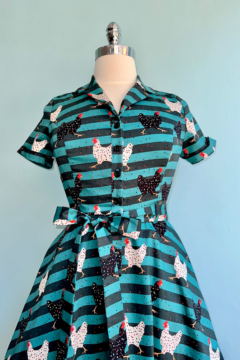 Teal Striped Chicken Knee-Length Shirtwaist Dress by Eva Rose