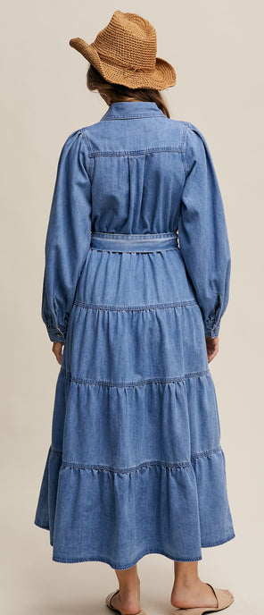 Denim Tiered Button Down Maxi Dress Small Denim Tiered Button Down Maxi Dress Small