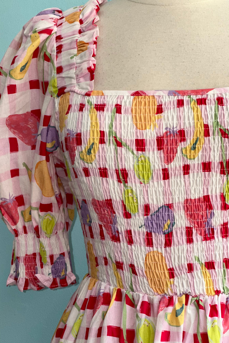Pink Gingham and Fruit Mini Dress