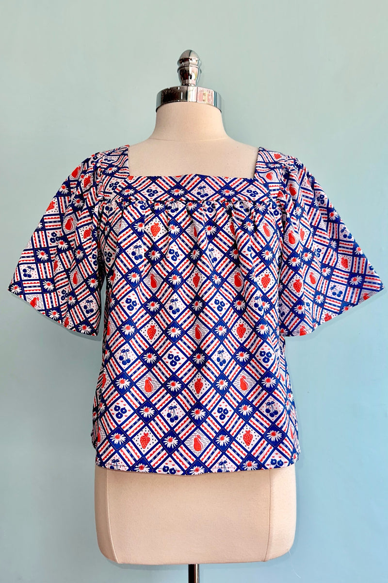 Final Sale Blue & Red Square Neck Peasant Top by Blue Platypus