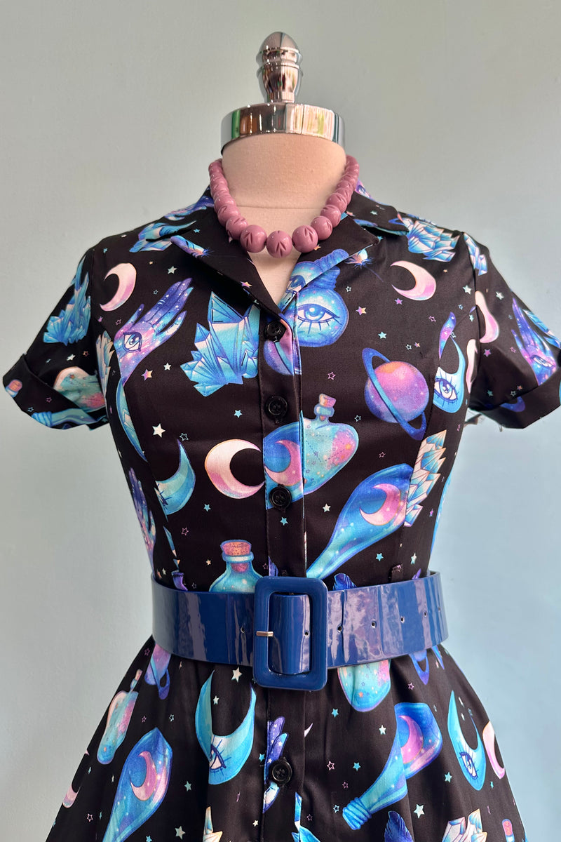 Mystical Black and Purple Shirtwaist Mini Dress by Eva Rose
