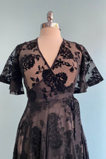 Lydia Wrap Dress in Black Flocked Rose Mesh by Wax Poetic