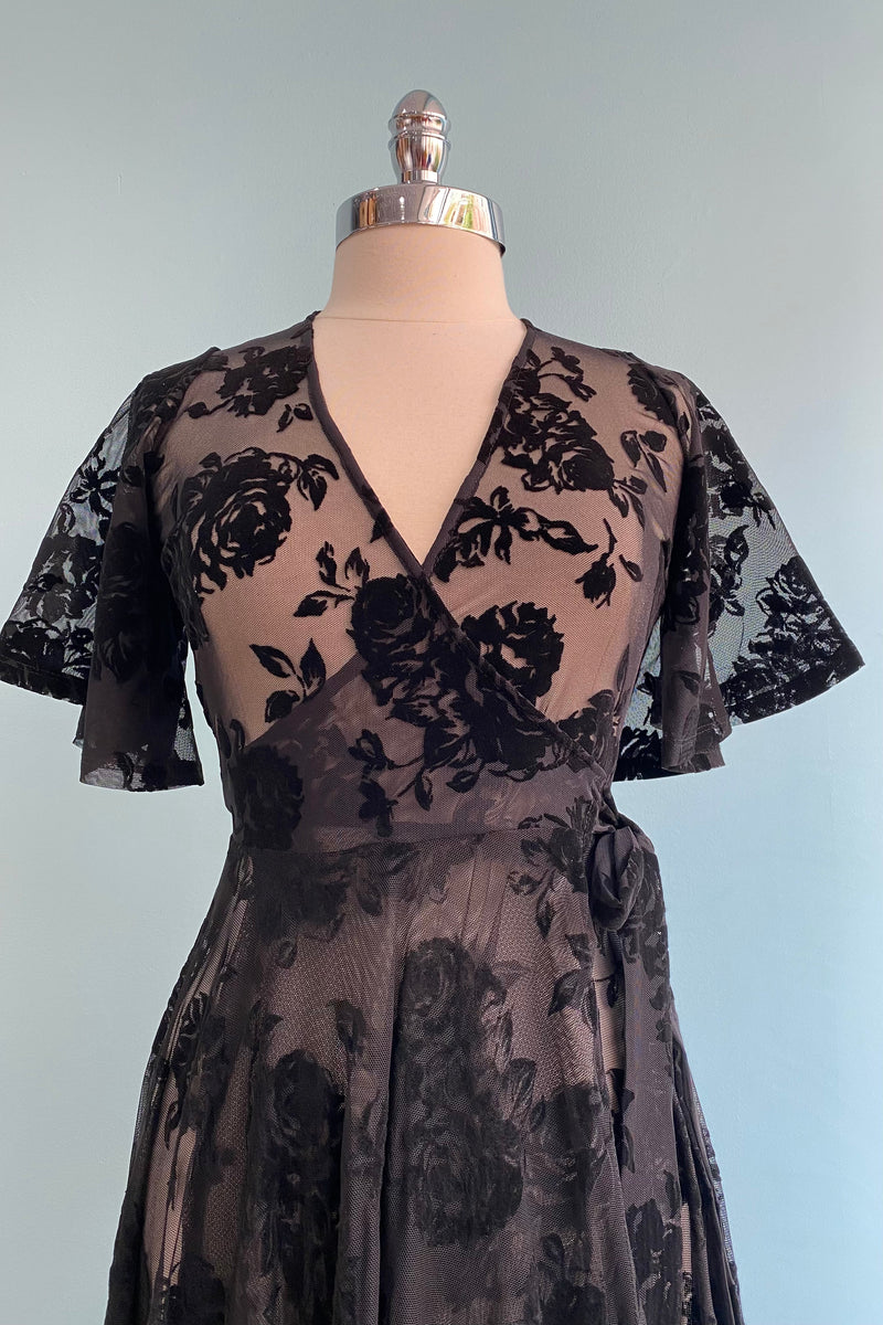 Lydia Wrap Dress in Black Flocked Rose Mesh by Wax Poetic