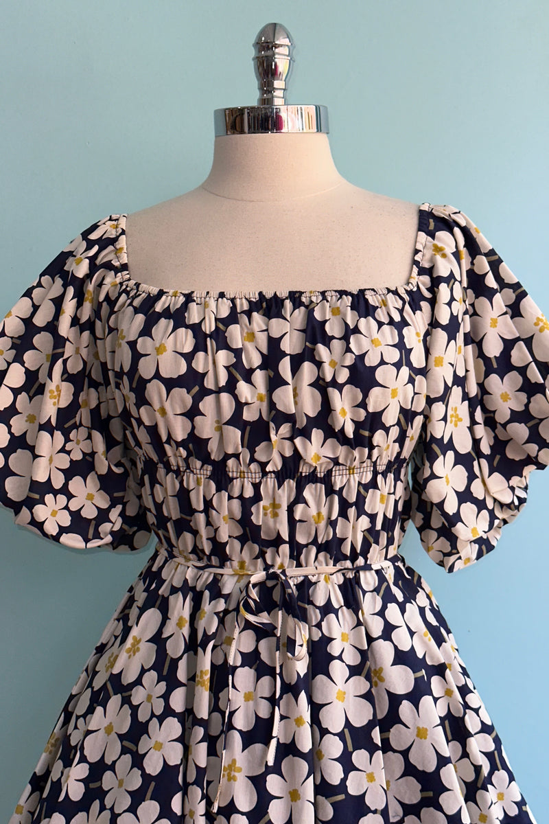 Navy Floral Bubble Sleeve Mini Dress