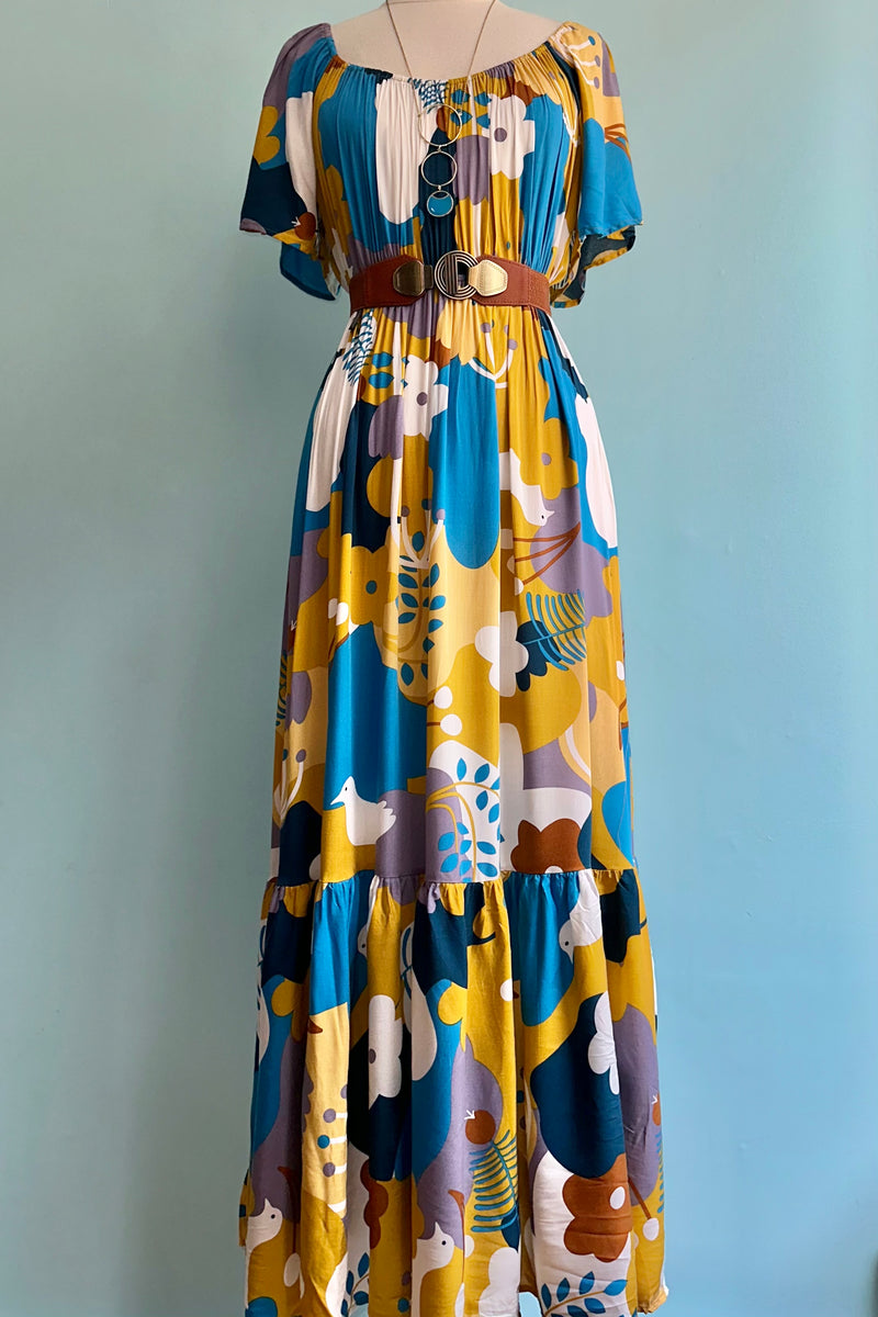 Abstract Mustard and Blue Floral Butterfly Sleeve Maxi Dress