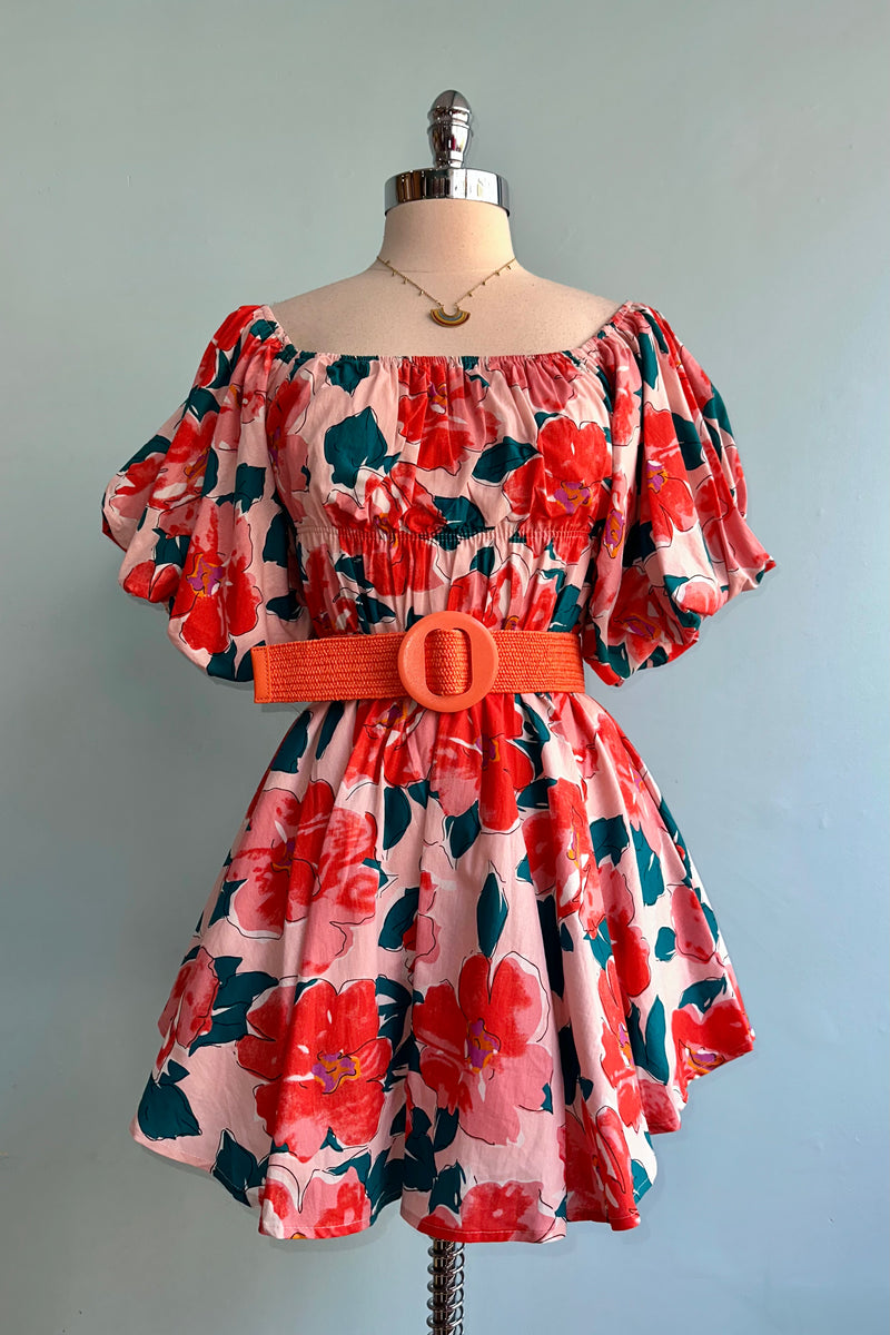 Coral Floral Bubble Sleeve Mini Dress
