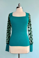 Teal Polka-Dot Sleeve Knit Top