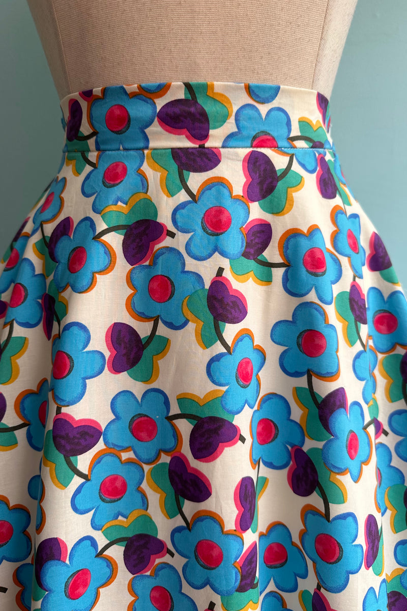 Blue and Pink Mod Floral Print Full Skirt by Tulip B.