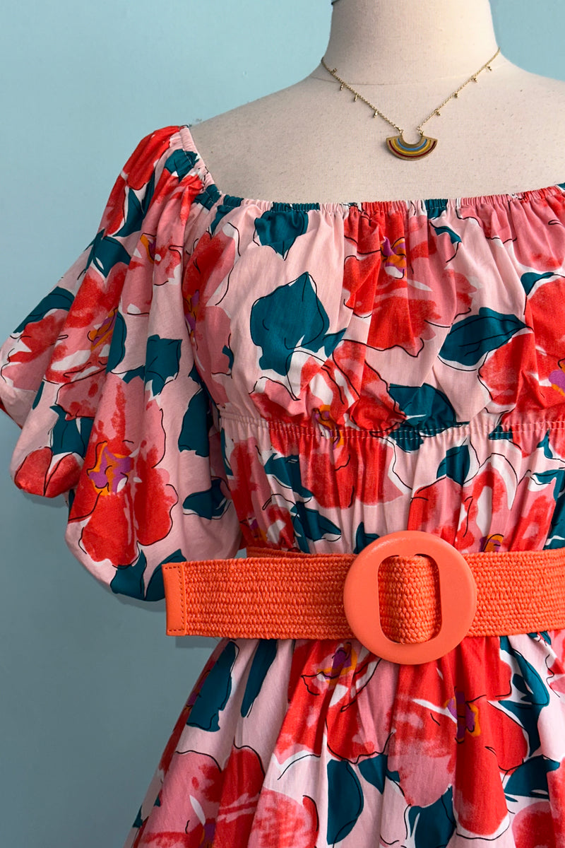 Coral Floral Bubble Sleeve Mini Dress