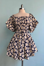 Navy Floral Bubble Sleeve Mini Dress
