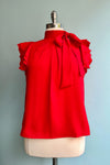 Red Tie-Neck Ruffle Sleeve Blouse