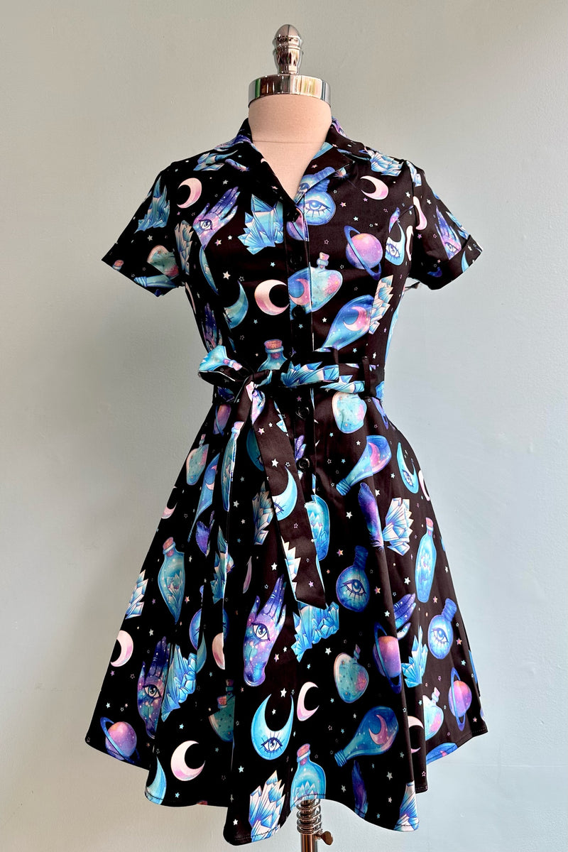 Mystical Black and Purple Shirtwaist Mini Dress by Eva Rose Medium Mystical Black and Purple Shirtwaist Mini Dress by Eva Rose Medium