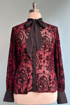 Burgundy and Black Flocked Tie Neck Blouse
