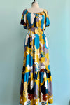 Abstract Mustard and Blue Floral Butterfly Sleeve Maxi Dress