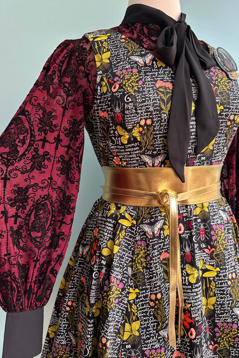 Burgundy and Black Flocked Tie Neck Blouse