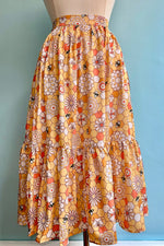 Yellow Honeycomb & Bee Tiered Midi Skirt