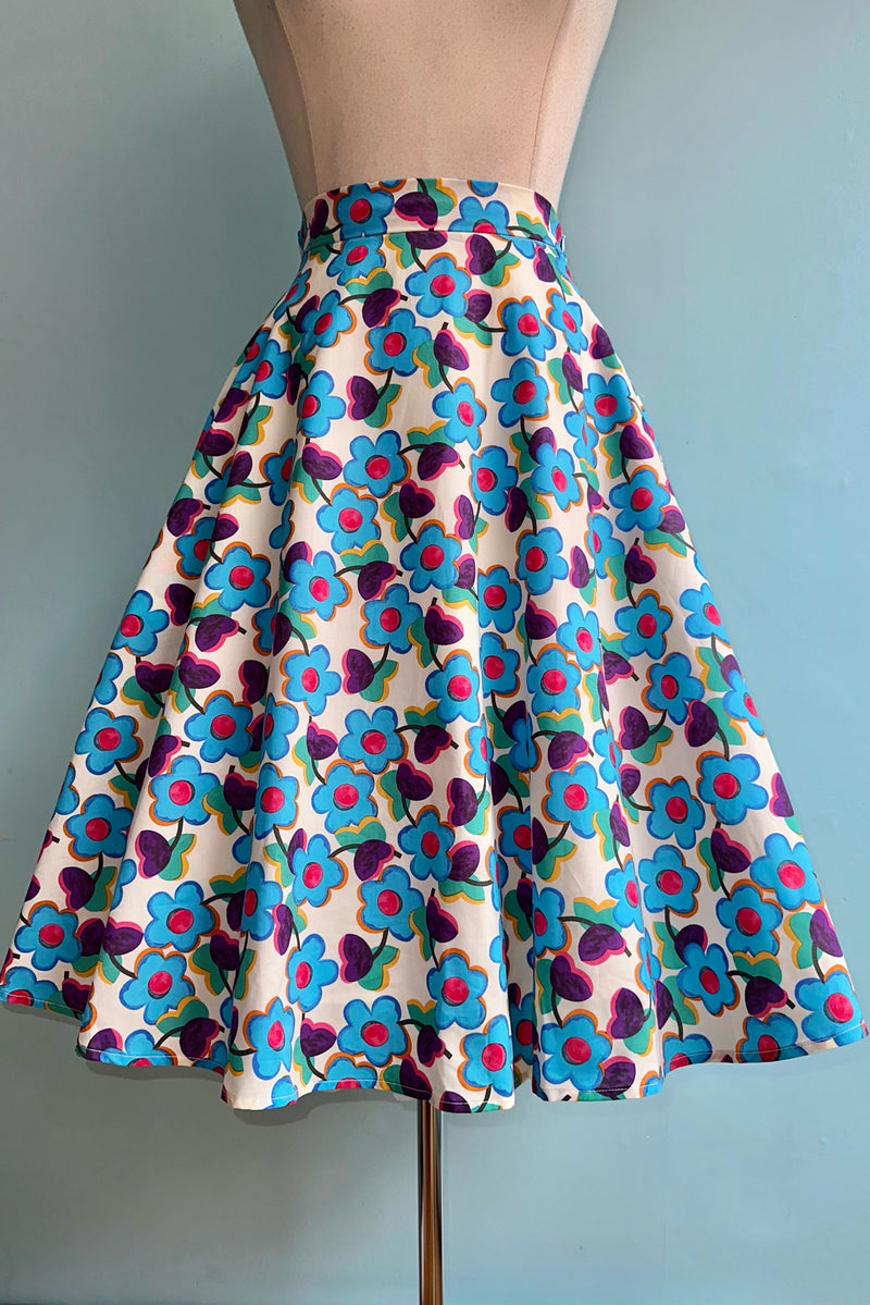 Blue and Pink Mod Floral Print Full Skirt by Tulip B.