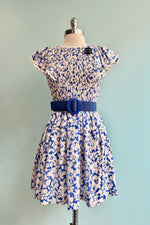 Blue and White Ruffle Sleeve Mini Dress