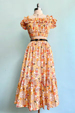 Yellow Honeycomb & Bee Tiered Midi Skirt