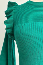 Alpine Green Shoulder Ruffle Crewneck Sweater