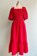 Red Bubble Sleeve Midi Dress