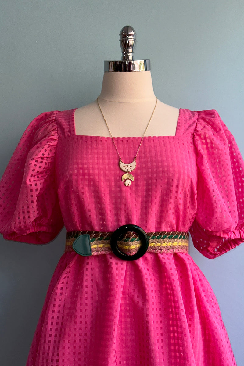 Pink Grid Organza Puff Sleeve Mini Dress