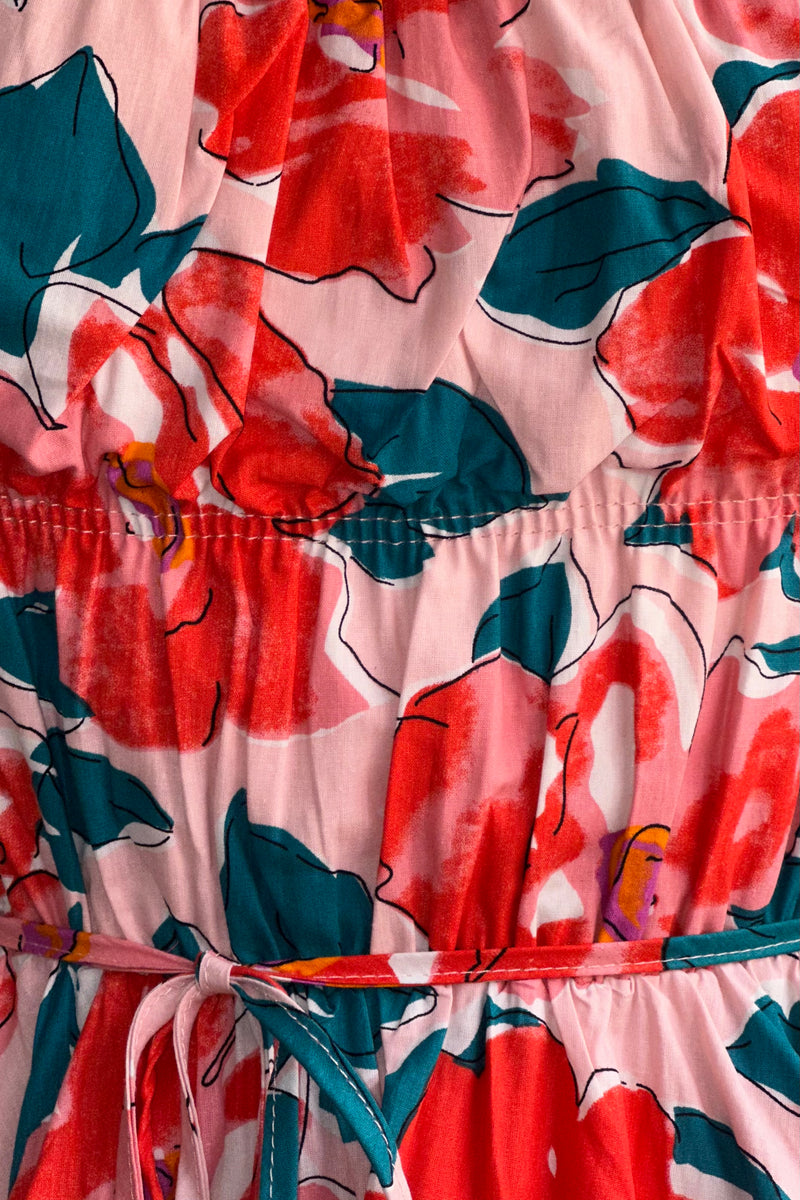 Coral Floral Bubble Sleeve Mini Dress