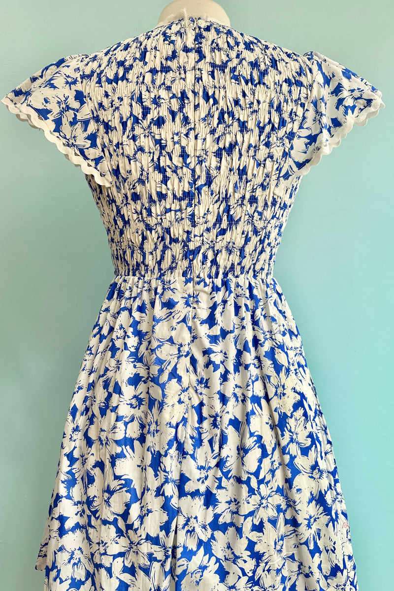 Blue and White Ruffle Sleeve Mini Dress