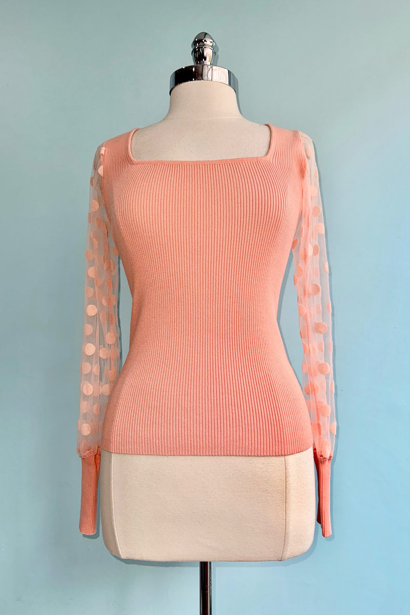 Peach Polka-Dot Sleeve Knit Top