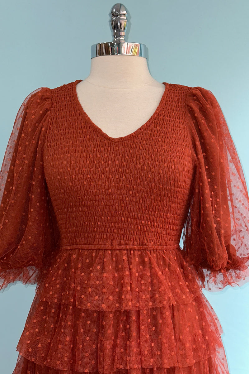 Copper Polka-Dot Mesh Tiered Dress