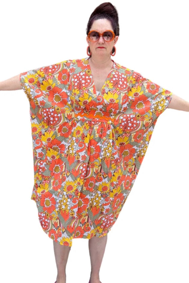 Orange and Olive Mod Floral  Woven Midi Caftan by Blue Platypus