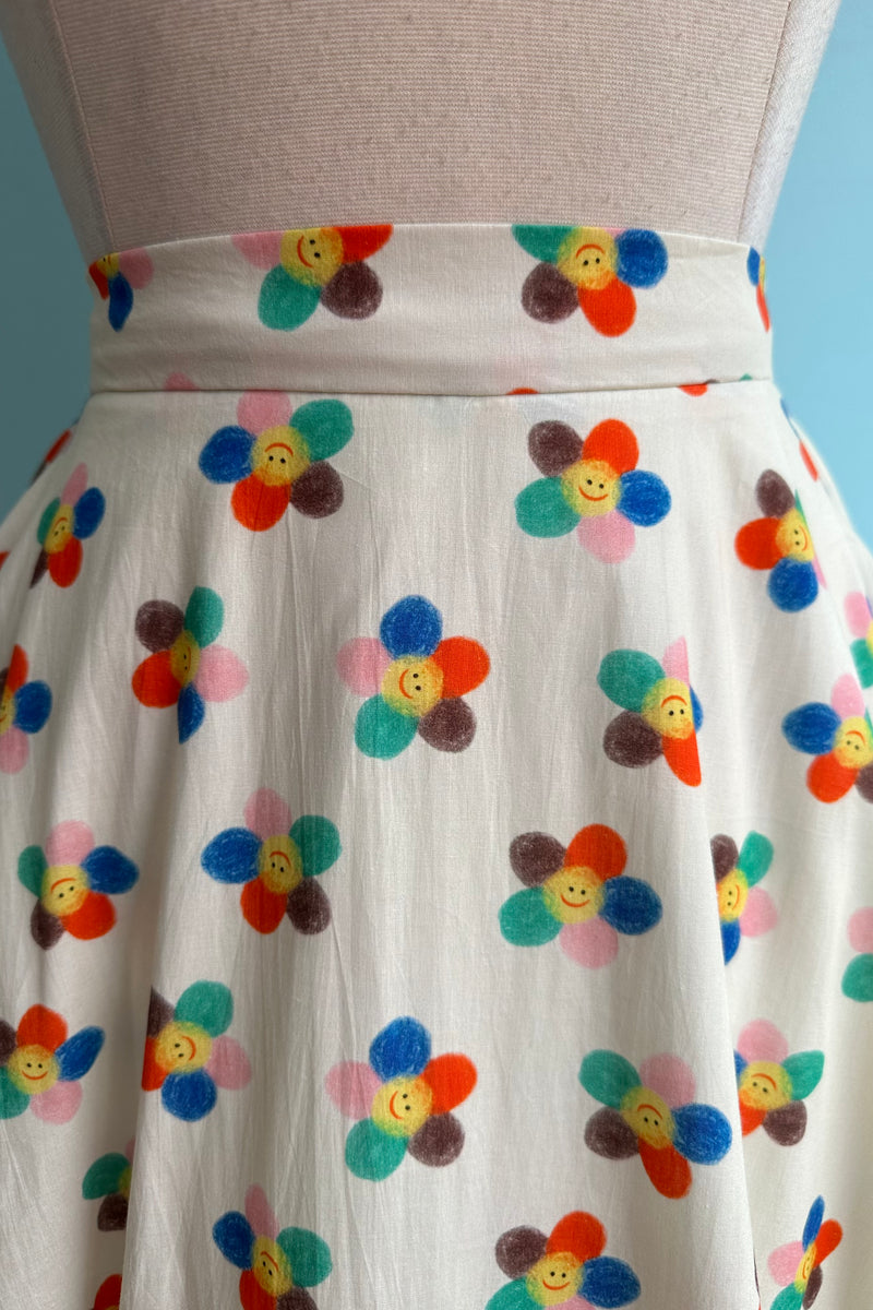 Smiley Face Flower Print Full Skirt by Tulip B.