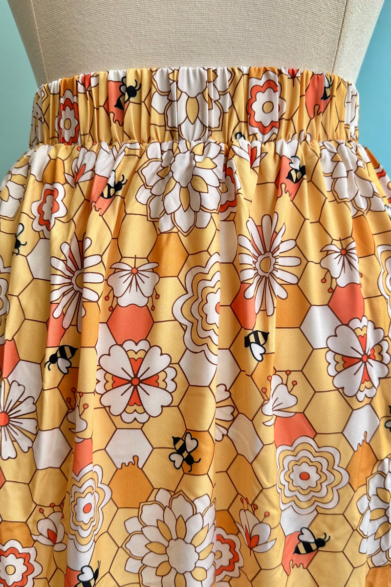 Yellow Honeycomb & Bee Tiered Midi Skirt