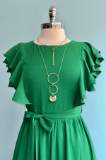 Green Flutter Sleeve Belted Ruffle Dress