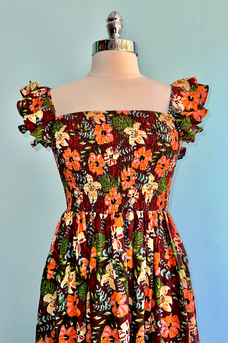 Brown Tropical Floral Smocked Midi Dress