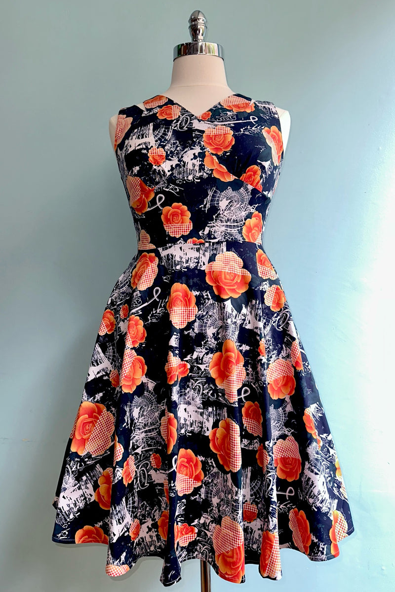 Orange and Navy Floral Dress by Orchid Bloom