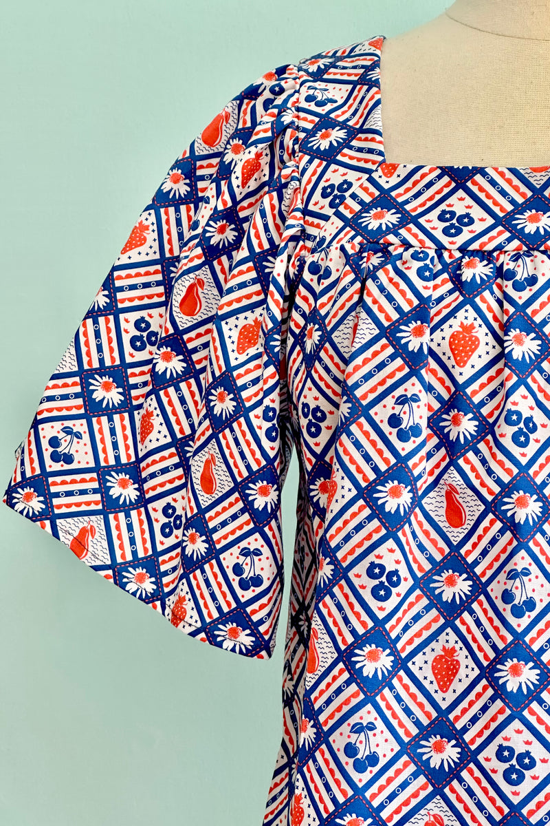 Blue & Red Square Neck Peasant Top by Blue Platypus