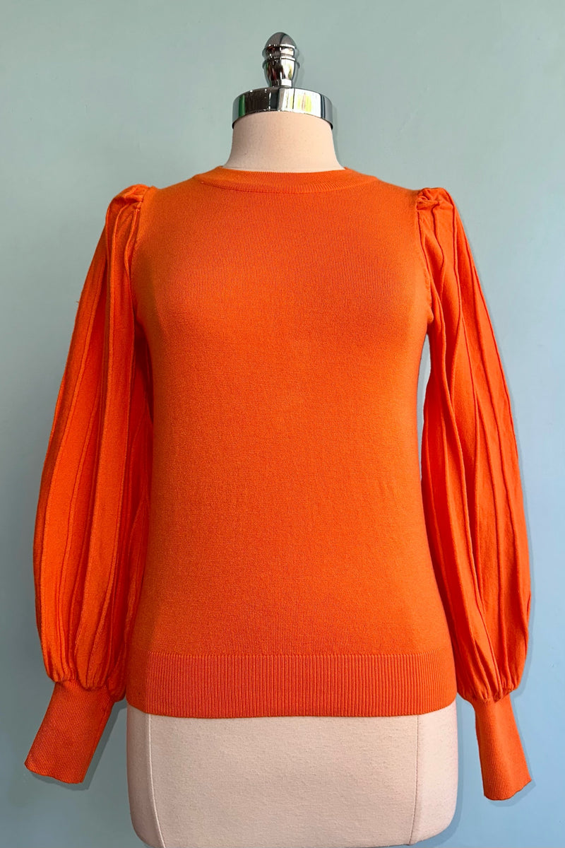 Tangerine Striped Blouson Sleeve Pullover Sweater