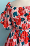 Coral Floral Bubble Sleeve Mini Dress