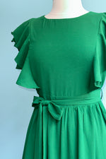 Green Flutter Sleeve Belted Ruffle Dress