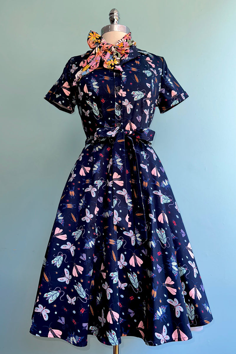 navy blue shirtwaist dress Velcro Closure Navy Print Shirtwaist Dress by Bee Yourself Apparel