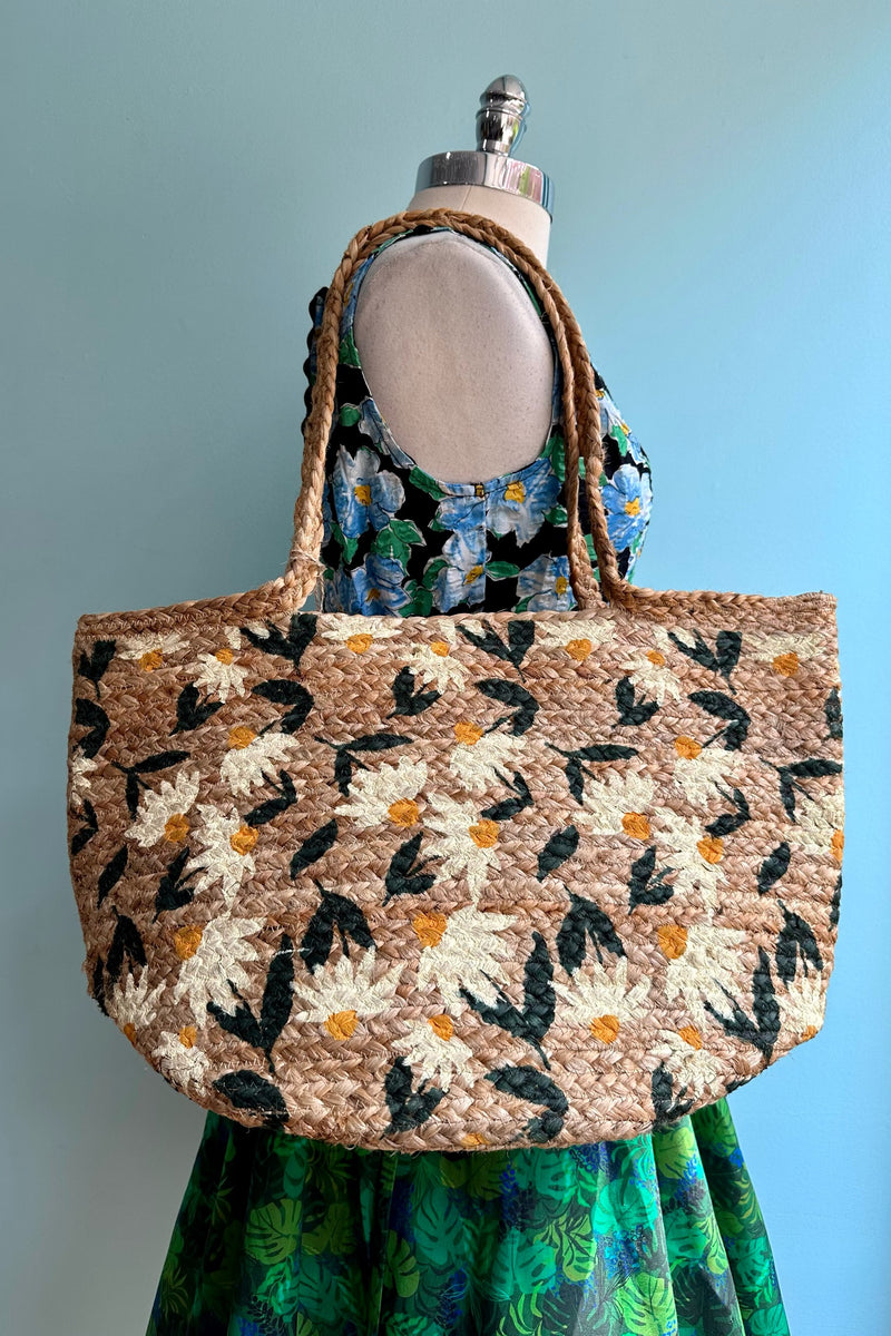 Daisy Painted Lucia Tote Bag with Braided Strap